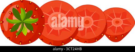 Fraise tranchée, séparée en plusieurs couches. tranches de fraises fraîches. Style plat dessiné à la main isolé sur fond transparent. pour autocollants, menus, applications, affiches, design. Illustration vectorielle Illustration de Vecteur