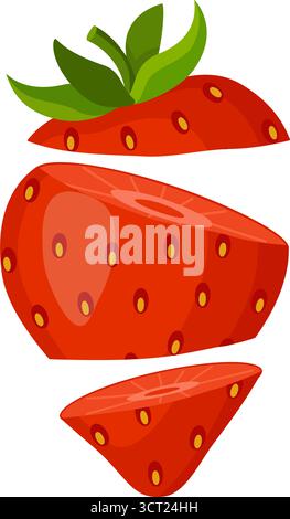 Fraise tranchée, séparée en plusieurs couches. Tranches de fraises fraîches volantes. Style plat dessiné à la main isolé. pour autocollants, menus, applications, affiches, design. Illustration vectorielle Illustration de Vecteur