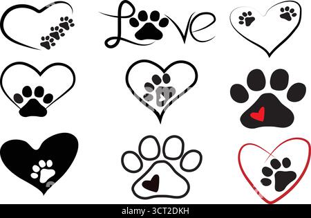 Ensemble vectoriel de coeurs d'amour d'animaux de compagnie et d'impressions de pattes, graphismes de silhouette d'animaux mignons, éléments de conception dessinés à la main, Illustration de Vecteur