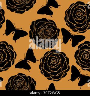 beau fond monochrome noir et blanc sans couture avec des papillons et des fleurs roses Illustration de Vecteur