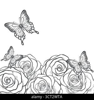carte monochrome noir et blanc avec fleurs roses Illustration de Vecteur