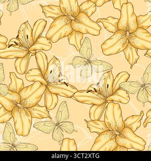 fond sans couture avec des lis jaunes et des papillons Illustration de Vecteur