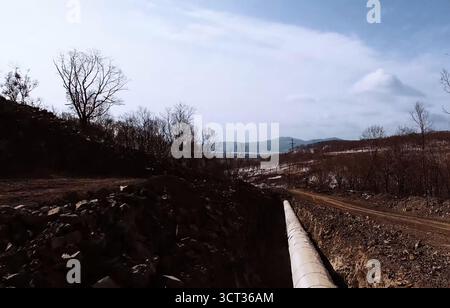 Tuyaux d'un pipeline de gaz, la construction et la pose de pipelines pour le transport de gaz et d'huile. Banque D'Images