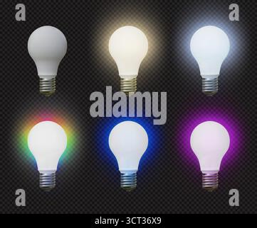 Ampoule. ampoule led 3d, illuminez le globe de lampe. Énergie domestique, maquette publicitaire en couleur brillante blanche. Froid chaud et différentes couleurs fluorescentes chauffant. Icônes isolées réalistes vectorielles Illustration de Vecteur
