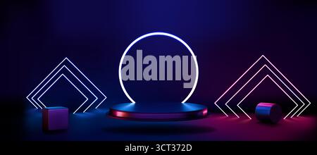 Fond néon. Podium de casino violet et bleu. Étape de vente de jeux en 3D. Lumière de gradient. Piédestal flottant pour cercle de récompense. Présentation de la technologie des produits numériques. Cadre lumineux de lampe à DEL. Plate-forme vide vectorielle Illustration de Vecteur