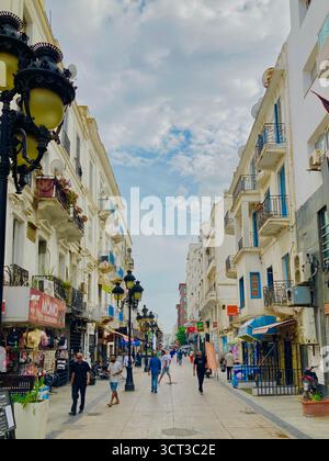 Vue sur la rue dans le centre de Tunis, Tunisie. Lampadaire orné, piétons et un mélange d'architecture moderne et traditionnelle. Capturé le 22 septembre 2025. Banque D'Images