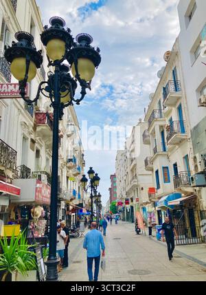 Vue sur la rue dans le centre de Tunis, Tunisie. Lampadaire orné, piétons et un mélange d'architecture moderne et traditionnelle. Capturé le 22 septembre 2025. Banque D'Images