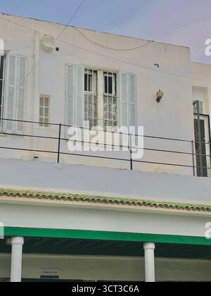Cour intérieure de Dar Bach Hamba à Tunis, Tunisie. Architecture traditionnelle, arches rayées, murs carrelés et fontaine centrale. 22 septembre 2025 Banque D'Images