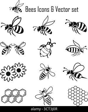 Ensemble d'icônes d'abeilles – Collection vectorielle d'abeilles de miel mignonne, symboles d'apiculture et de conservation de la nature Illustration de Vecteur