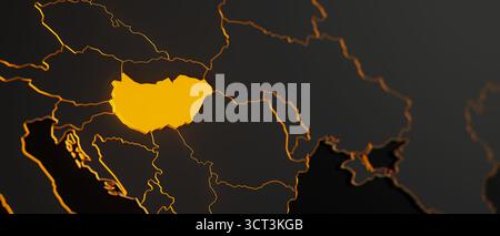 Golden Hungary carte 3d entourée d'autres pays en noir avec des frontières dorées et dof peu profond. Carte politique de l'Europe avec des frontières Banque D'Images