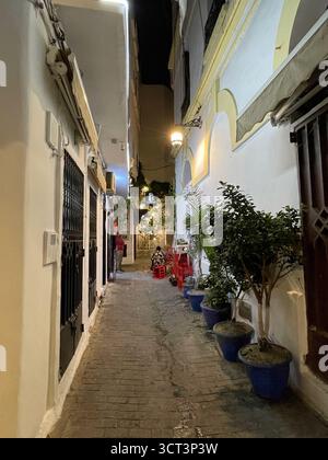 Étroite ruelle bleue à Tanger, Maroc. Architecture traditionnelle, murs bleus vibrants et lanterne chaleureuse. Capturé le 2 octobre 202 Banque D'Images