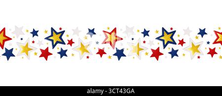 Bordure colorée sans couture avec des étoiles rouges, bleues, dorées et blanches à paillettes sur fond blanc. Banque D'Images