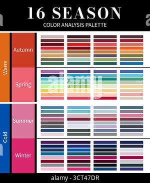 16 palettes de système d'analyse des couleurs de saison pour tous les types été, hiver, automne et printemps Illustration de Vecteur