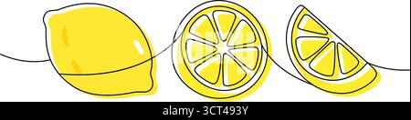 Citrons minimalistes à une ligne. Art en ligne continue d'agrumes et de tranches de couleur vibrante Illustration de Vecteur