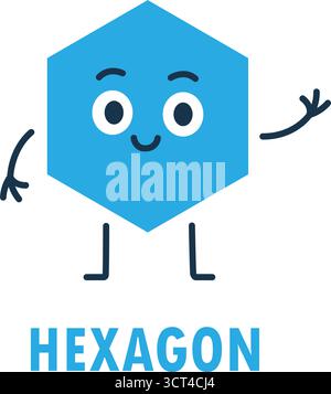 Personnage de dessin animé hexagonal bleu souriant avec le visage mignon, les bras et les jambes. Illustration de forme géométrique vectorielle pour l'apprentissage des enfants Illustration de Vecteur