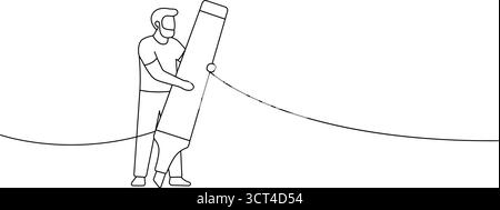 Homme tenant une ligne de dessin de marqueur géant Illustration vectorielle minimaliste de caractère masculin créatif avec stylo surdimensionné Illustration de Vecteur