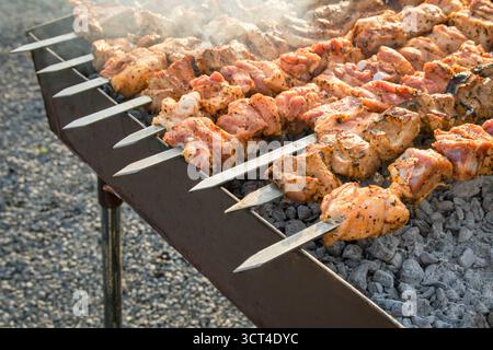 Une brochette de viande est cuite sur un gril. La viande est marinée et a une saveur épicée Banque D'Images
