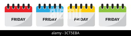 Icône de calendrier du vendredi définie en rouge, bleu, jaune et vert. Ensemble d'icônes de calendrier de vendredi plat isolé sur un fond blanc Illustration de Vecteur
