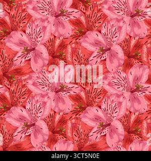 Beau fond sans couture avec fleur d'alstroemeria rose et rouge Illustration de Vecteur