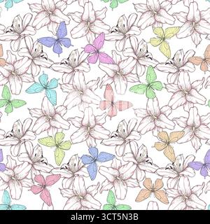 modèle sans couture avec des fleurs de lis bleus et des papillons. Lignes de contour dessinées à la main. Parfait pour les cartes de vœux de fond et les invitations Illustration de Vecteur