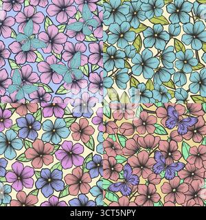 Ensemble de beau fond sans couture avec des fleurs et des feuilles. Illustration de Vecteur