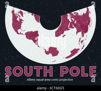 Pôle Sud. Carte du monde. Projection conique de surface égale d'Albers centrée sur le pôle Sud. Palette Pink foncé menthe pâle. Texture vintage. Illustration de Vecteur