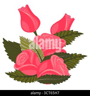 Un bouquet de roses rose vif. La composition se compose de trois fleurs, deux bourgeons et des feuilles. Illustration vectorielle isolée sur un fond blanc. Illustration de Vecteur