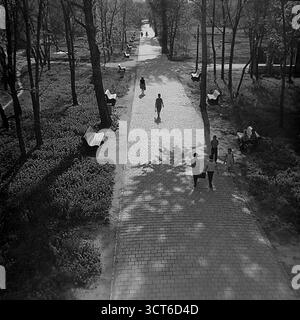 Une vue atmosphérique et à angle élevé de la ruelle centrale du parc Lénine (aujourd'hui parc Shovkovychnyi) à Sloviansk, RSS d'Ukraine, au cours des années 1960 Cette photographie en noir et blanc magnifiquement composée capture une scène paisible du parc par une journée ensoleillée. Les gens, y compris les familles avec enfants, se promènent le long du large sentier pavé de pierre. Le soleil bas crée de longues ombres dramatiques des arbres et des piétons, ajoutant une qualité graphique et nostalgique à l'image. Ce cliché des loisirs publics dans un parc bien-aimé de la ville évoque un puissant sentiment de paix et les joies intemporelles d'une simple promenade Banque D'Images