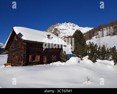 Cabane en rondins de montagne typique en hiver avec de la neige profonde et un ciel bleu clair avec des montagnes suisses en arrière-plan, Engadine, Suisse Banque D'Images
