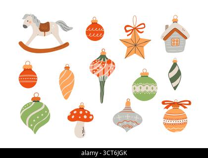 Ornement de Noël de dessin animé avec boule, jouet, décoration, cloche, illustration vectorielle d'étoile. Clipart du nouvel an Illustration de Vecteur