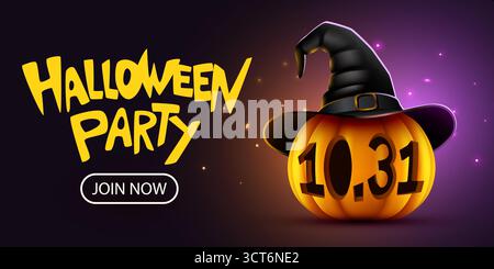 Bannière d'invitation Spooky Halloween Party avec une citrouille avec chapeau de sorcière et date 10,31, parfaite pour les événements saisonniers. Illustration vectorielle Illustration de Vecteur