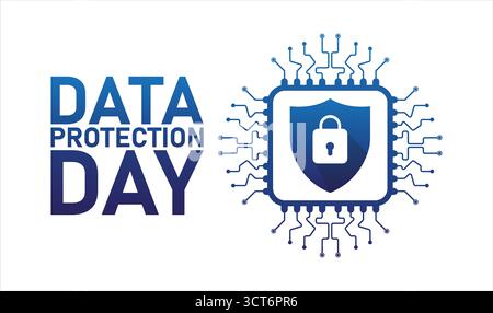 Graphique de la Journée de la protection des données – bouclier de cybersécurité et icône Microchip pour la sensibilisation à la sécurité numérique. Bannière web vectorielle, fond, affiche, carte postale, t Illustration de Vecteur