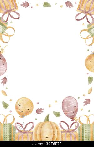 Cadre citrouille, cadeaux, ballons, feuilles d'automne. Illustration d'aquarelle dessinée à la main dans le style enfantin d'Halloween, isolé du fond pour la conception Banque D'Images