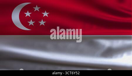 Drapeau de Singapour avec texture de tissu ondulée. Gros plan du drapeau de Singapour avec texture de tissu Banque D'Images
