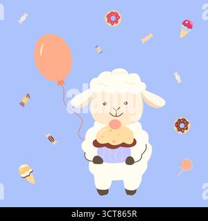 Adorable clipart vectoriel festif avec un agneau tenant un cupcake, un ballon et des bonbons. Parfait pour la conception d'enfants, les cartes de vacances, la décoration de fête et l'impression. Illustration de Vecteur