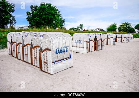 Zum Abtransport gesammelte Strandkörbe zum Ende der Sommersaison in Scharbeutz, Schleswig-Holstein, Deutschland *** chaises de plage collectées pour être enlevées à la fin de la saison estivale à Scharbeutz, Schleswig Holstein, Allemagne Banque D'Images
