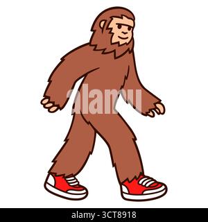 Style comique bande dessinée bigfoot marche portant des baskets. Illustration clip art vectorielle créature mythique. Illustration de Vecteur