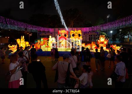 Tin Hau, Hong Kong - 5 octobre 2025 : une des séries de lanternes sur le patrimoine culturel immatériel de Hong Kong au carnaval des lanternes de Victoria Park. Banque D'Images