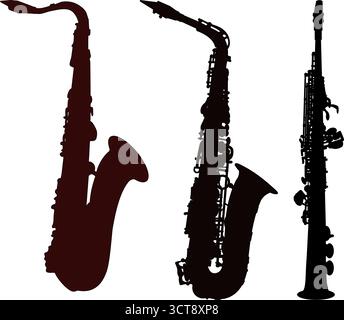 Ensemble de trois silhouettes d'instruments de musique de saxophone Illustration de Vecteur
