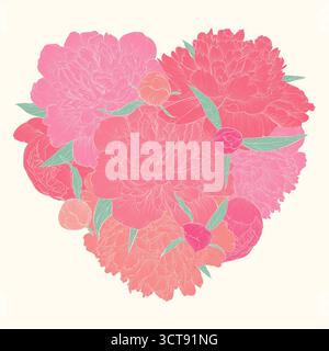 Beau coeur décoré par des fleurs pivoines. Carte de modèle vintage, invitation, salutations, saint-valentin. Je t'aime Illustration de Vecteur