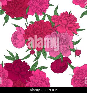 beau fond sans couture. pivoines de fleurs avec des feuilles et des bourgeons Illustration de Vecteur