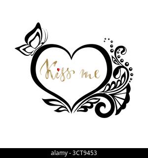Kiss me calligraphie dessinée à la main et lettrage au stylo pinceau avec coeur de silhouette de fleurs de dentelle Illustration de Vecteur