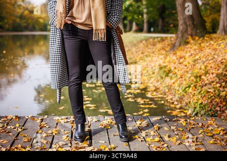 Mode de vie de la saison d'automne. Femme élégante portant un manteau pied-de-poule et un pantalon noir debout près de l'étang dans le parc d'automne Banque D'Images