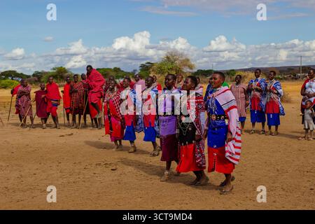 Les hommes Massaï bondissent tandis que les femmes marchent en ligne, ornées de vêtements traditionnels colorés, lors d’une cérémonie dans leur village kenyan. Banque D'Images