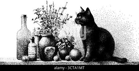 Chat noir avec arrangement floral dans l'art de pointillé pointillé détaillé pour l'impression décorative. Illustration de Vecteur