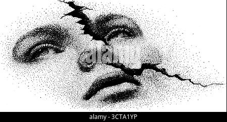 Stipple art d'un miroir brisé reflétant un visage : concept de gravure en dotwork pour l'expression émotionnelle. Illustration de Vecteur