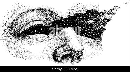 Art surréaliste de stipple d'un visage humain fissuré avec des éléments cosmiques. Illustration de Vecteur