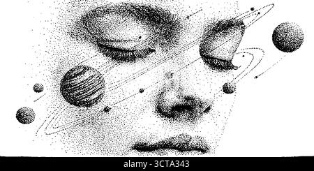 Art de fusion de visage cosmique avec pointillés et éléments planétaires pour un design unique. Illustration de Vecteur