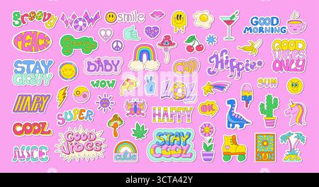 Retro Happy sticker pack lumineux set 90s. Vintage Comic étiquette forme visage souriant. Hippie groovy style de dessin animé autocollant cool à la mode. Illustration vectorielle de paquet de patch de citation de vieille école naïve ludique Illustration de Vecteur