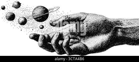 Exploration cosmique : conception complexe de dotwork d'une main tenant des planètes. Illustration de Vecteur